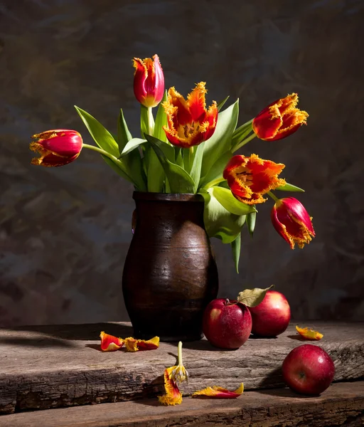 Beautiful tulips and red apples — Stock Photo, Image