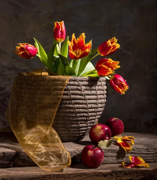 Beautiful tulips and red apples — Stock Photo, Image
