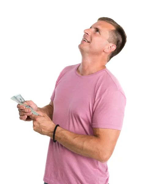 Homem feliz segurando pacote de dinheiro — Fotografia de Stock