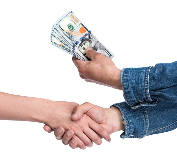 Hombre dando billetes de dólar a la mujer — Foto de Stock