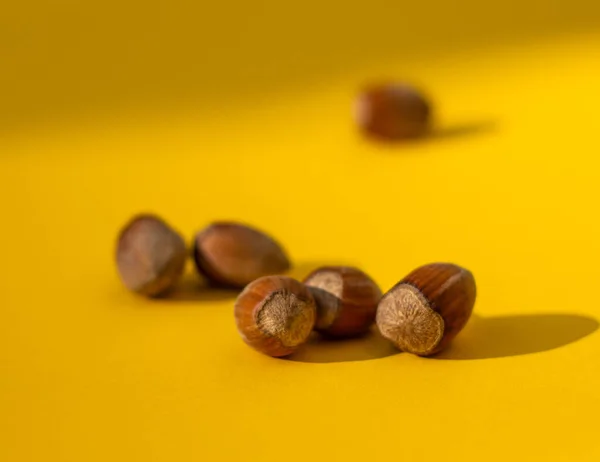 Avelãs Filbert Orgânico Fresco Nozes Fundo Amarelo — Fotografia de Stock