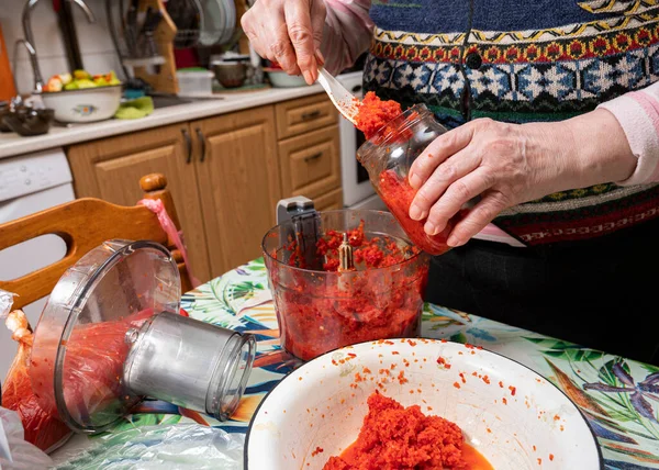Food Concept Woman Preparing Adjika Sauce Home — Stock Photo, Image