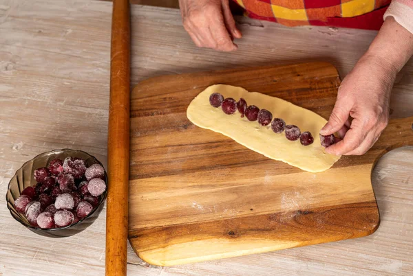 Dessert Concept Woman Preparing Cherry Sticks Pie Monastic Hut Home — Stock Photo, Image