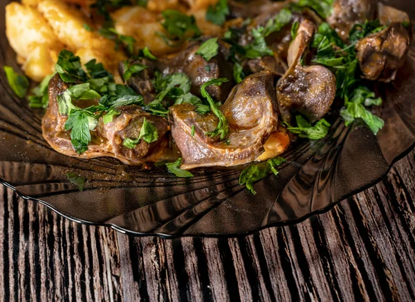 Stewed Potatoes Chicken Stomach Wooden Table — Stock Photo, Image