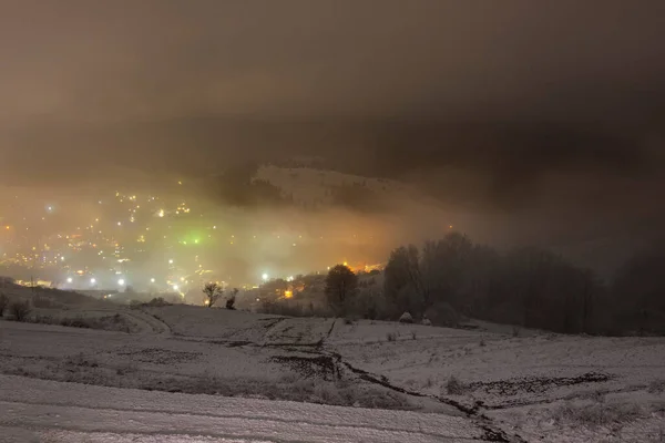 Zimní Krajina Města Volovets Noci Novém Roce Ukrajině — Stock fotografie