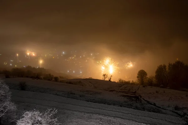 Winter landscape of Volovets town in New year\'s night  in Ukraine