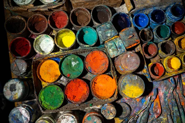 Acrylic Paint Cans Table Art Workshop — Stock Photo, Image