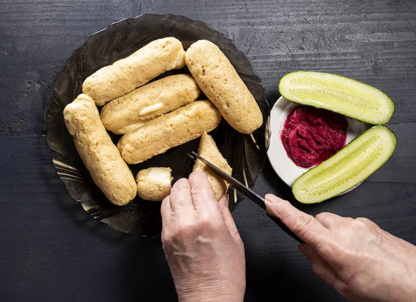 Homemade Dietary Chicken Sausages Cucumbers Beet Root Sause Wooden Table — Stock Photo, Image