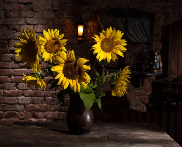 Beautiful Bouquet Sunflowers Vase Wooden Table Autumn Still Life — Stock Photo, Image