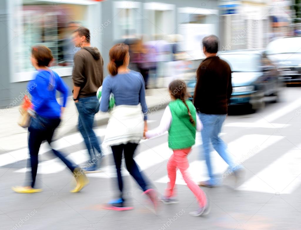 Busy city street people on zebra crossing