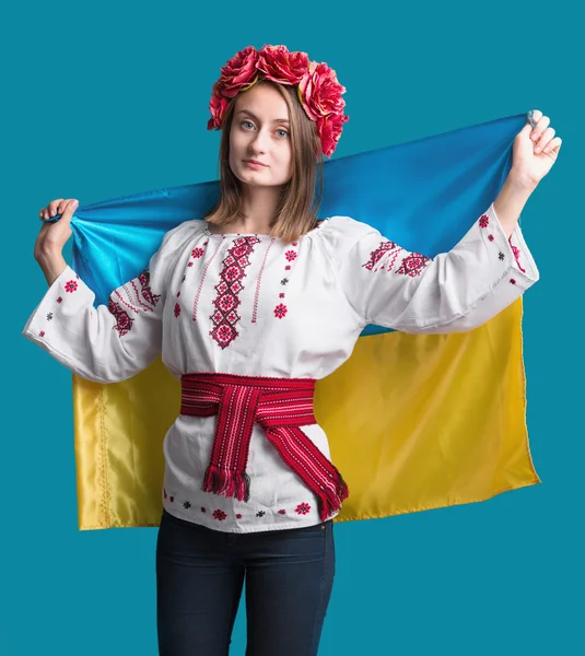 Portrait of attractive young  girl in national dress with  Ukrai — Stock Photo, Image