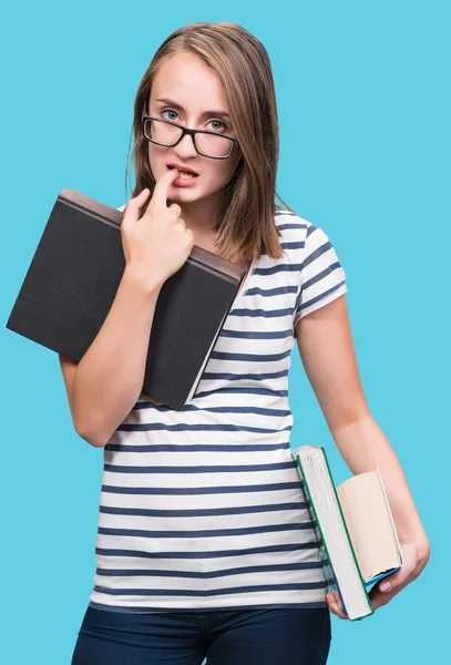 Chica estudiante atractiva en gafas con libros — Foto de Stock