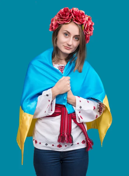 Portrait of attractive young  girl in national dress with  Ukrai — Stock Photo, Image