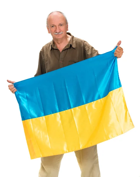 Elderly man with Ukrainian flag in his hands  showing thumbs up — Stock Photo, Image