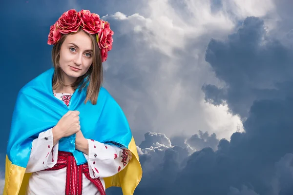 Portrait of attractive young girl in national dress with Ukraini — Stock Photo, Image