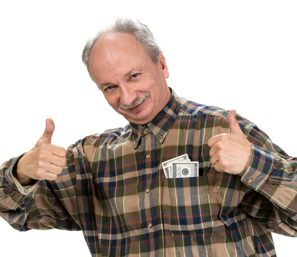 Счастливый пожилой человек с долларовыми купюрами — стоковое фото