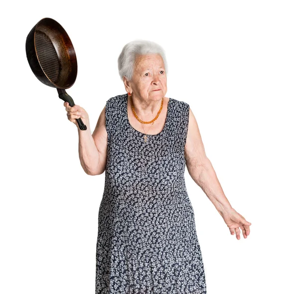 Wütende alte Frau mit Pfanne — Stockfoto