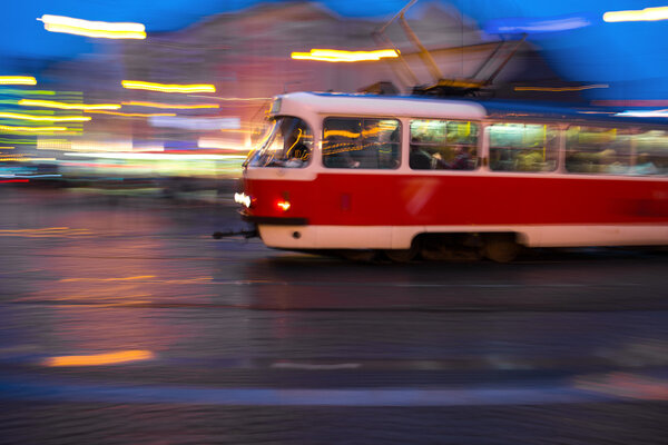 Old tram in motion blur in Prague
