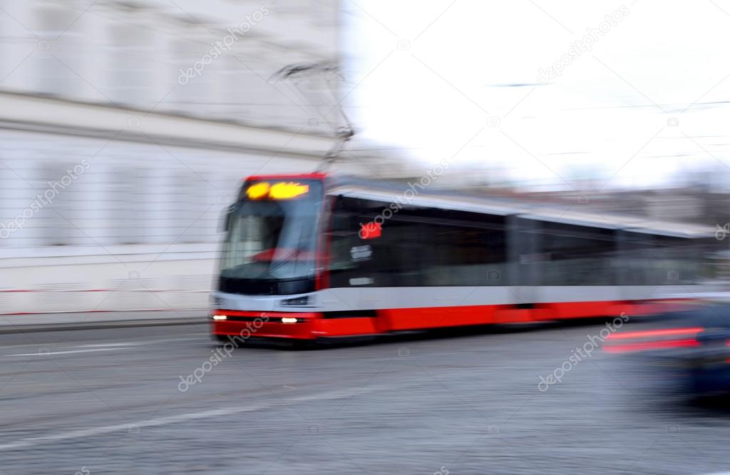 Modern tram in motion blur in Prague