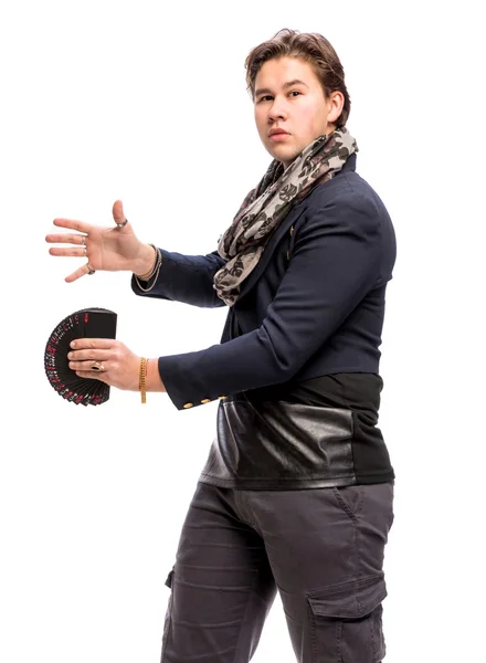 Young magician  showing trick with playing cards — Stock Photo, Image