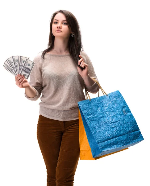 Young happy woman with shopping bags and  dollar cash money — Stock Photo, Image