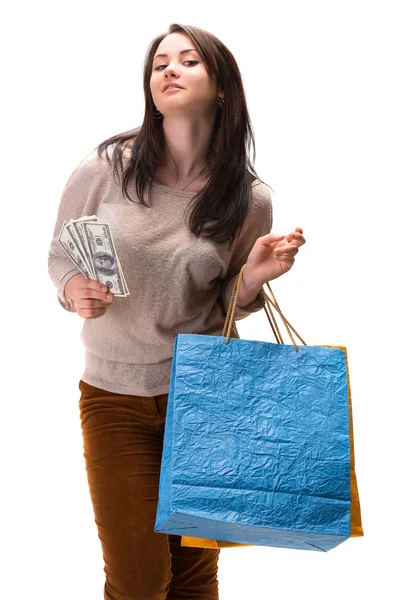 Young happy woman with shopping bags and  dollar cash money — Stock Photo, Image