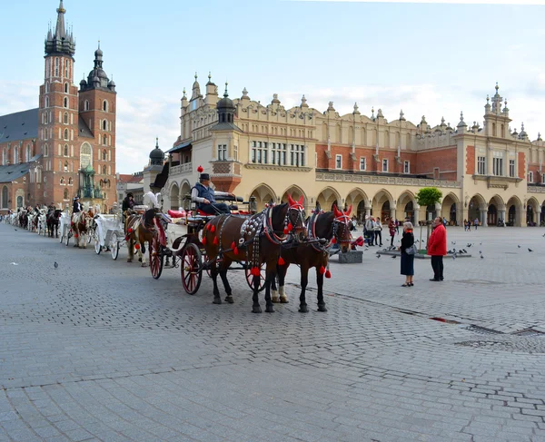 Chariots à cheval devant l'église Mariacki sur la place principale de K — Photo