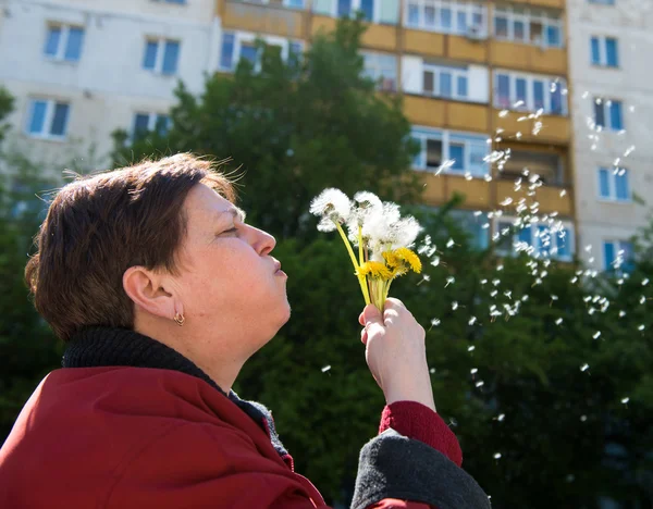 Старшая женщина, дующая одуванчиками — стоковое фото