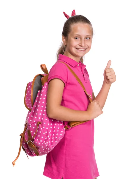 Šťastná dívka s batohem — Stock fotografie