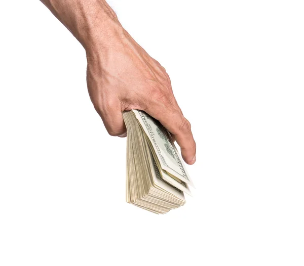 Mão de homem com notas de dólar — Fotografia de Stock