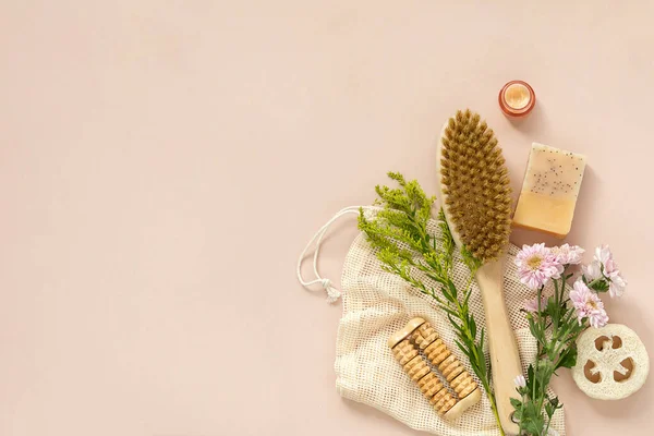 Eco-friendly beauty products, natural organic bathroom tools. No Plastic free life. Ecological skin care, body treatment concept. Conscious Minimalism Vegan Lifestyle. Reduce Reuse Recycle.