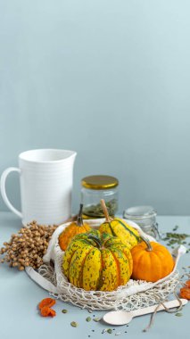 Sıfır atık yiyecek, balkabağı, tohumlar, sebzeler, kurumuş meyveler mavi arka planda. Tekstil torbalarında alışveriş, cam kavanozlar. Eko dostu plastik düşük atık yaşam tarzı.