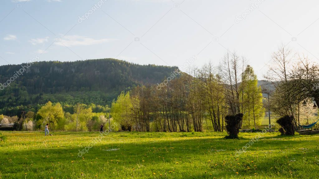 View of the Table Mountains (Radkowskie Skaly). Spring, Radkw, Poland.