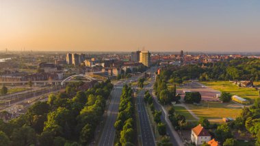 Gdask 'a giden ana yol. Güzel ıhlamur ağaçları olan yeşil bir sokak. Polonya.