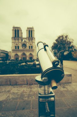 Dürbün Notre Dame Katedrali Paris Fransa işaret etti. Fotoğraf retro tarzı ile tonda olmuştur