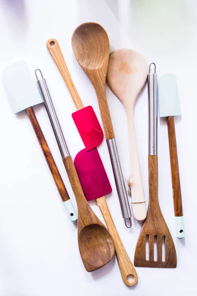 Cocina Fondo Gastronómico Utensilio Espátula Madera Sobre Fondo Azul Cocina — Foto de Stock