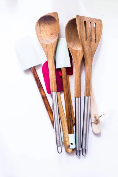 Cocina Fondo Gastronómico Utensilio Espátula Madera Sobre Fondo Azul Cocina — Foto de Stock