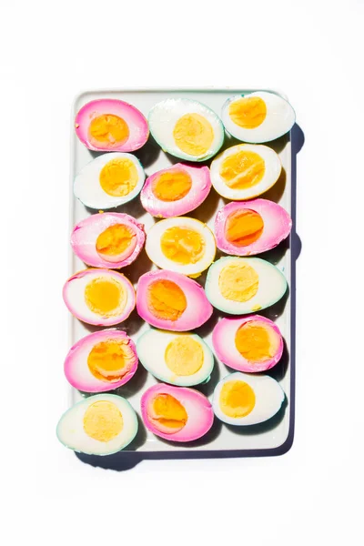 Colored Hard Boiled Deviled Eggs Top View Naturally Dyed Eggs — Stock Photo, Image