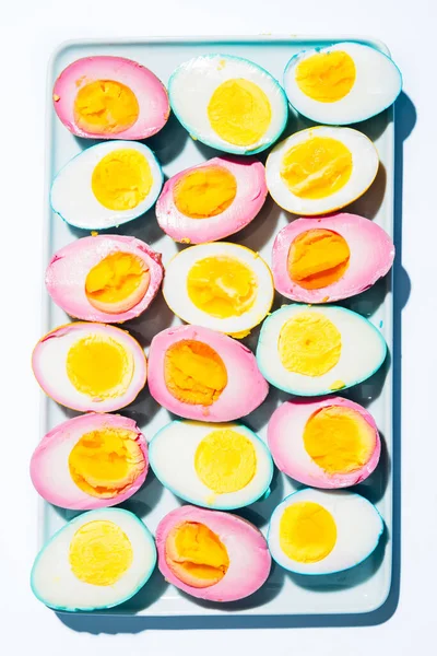 Huevos Duros Coloreados Del Diablo Vista Superior Huevos Naturalmente Teñidos — Foto de Stock