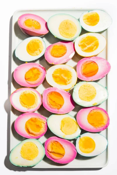 Colored Hard Boiled Deviled Eggs Top View Naturally Dyed Eggs — Stock Photo, Image