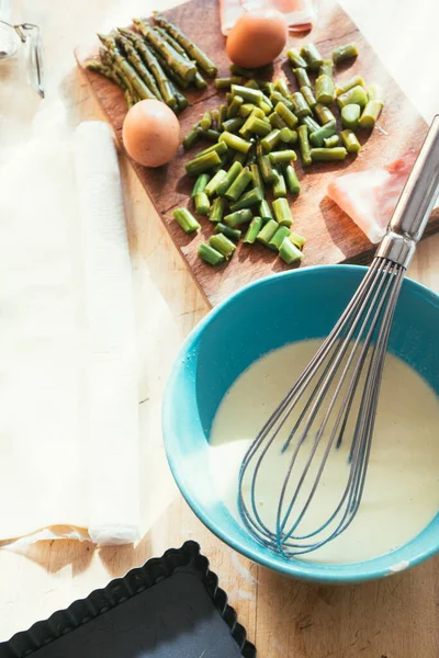 Step Step Recipe Preparation Asparagus Speck Tart Made Egg Yolk Stock Photo