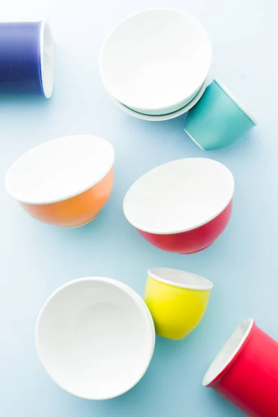 Colored Bowl Orange Yellow Pink Blue Green Color Flatlay Blue Stock Picture