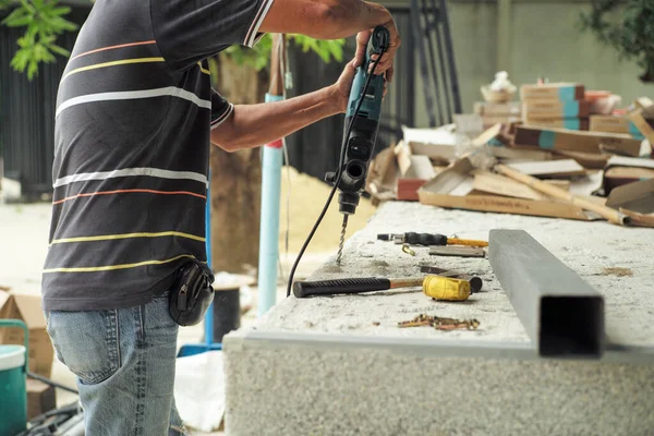 Selective Focus Hands Worker Hold Drilling Machine Drilling Cement Floor — Stock Photo, Image