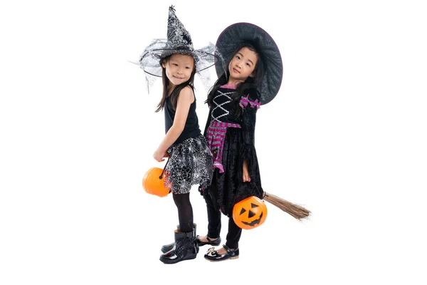 Portrait Pair Little Girls Halloween Carnival Costume Ride Wooden Broom — Stock Photo, Image