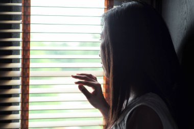 Yalnız kadının dikiz manzaralı portresi ahşap perdeden dışarı bakıyor. Odanın dışında casusluk yap.