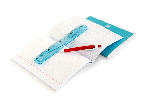 School supplies - notebooks, pen, ruler — Stock Photo, Image