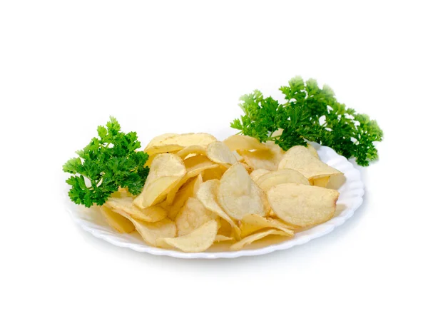 Chips are in white plate — Stock Fotó