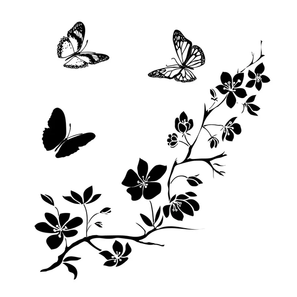 Ramita flores de cerezo y mariposas — Vector de stock