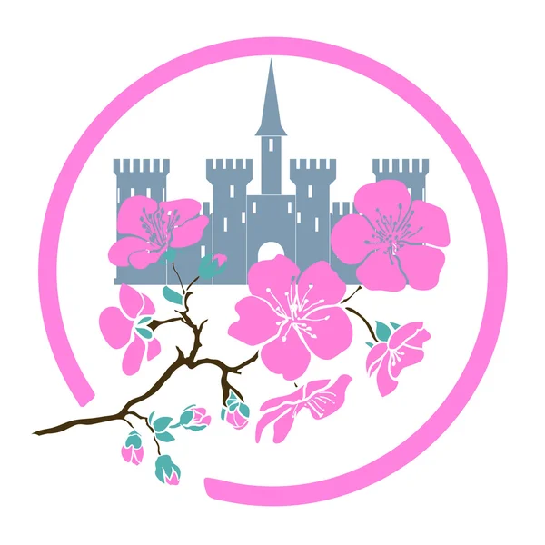 Zweig Sakura blüht und Burg. Logo — Stockvektor