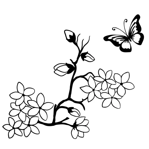 Gałązka wiśni kwiaty i motyle — Wektor stockowy